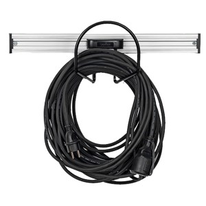 Black cables neatly coiled and hung on a Toolflex hose holder mounted to a silver aluminum rail, demonstrating an effective cable management solution.